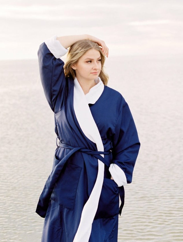 robeworks classic bathrobe blue and white made in usa